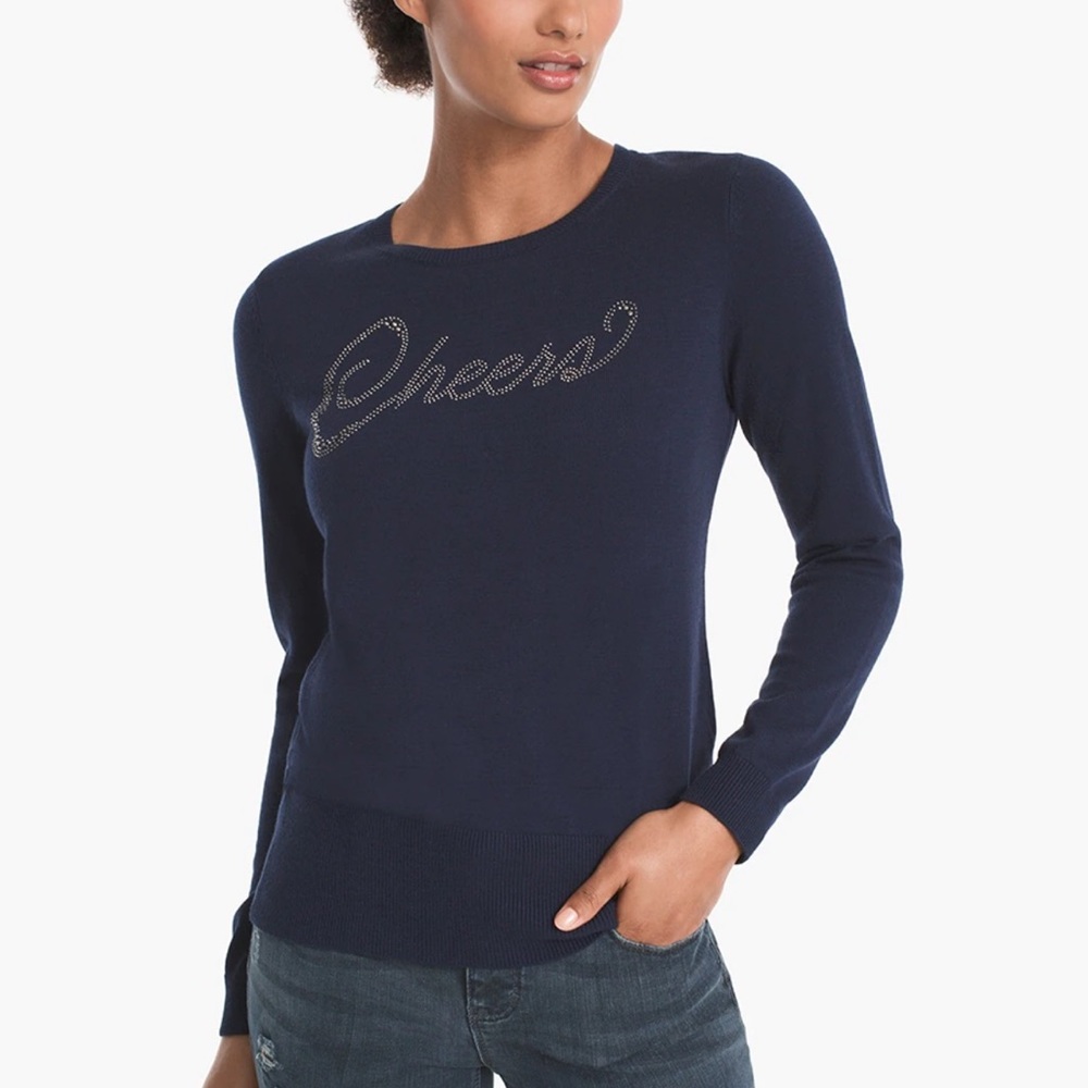 White House Black Market Officer Blue Embellished Cheers Sweater, Size S